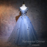Charming Blue Ball Gown Lace Long Formal Dress, Blue Tulle Sweet 16 Dress With Flowers